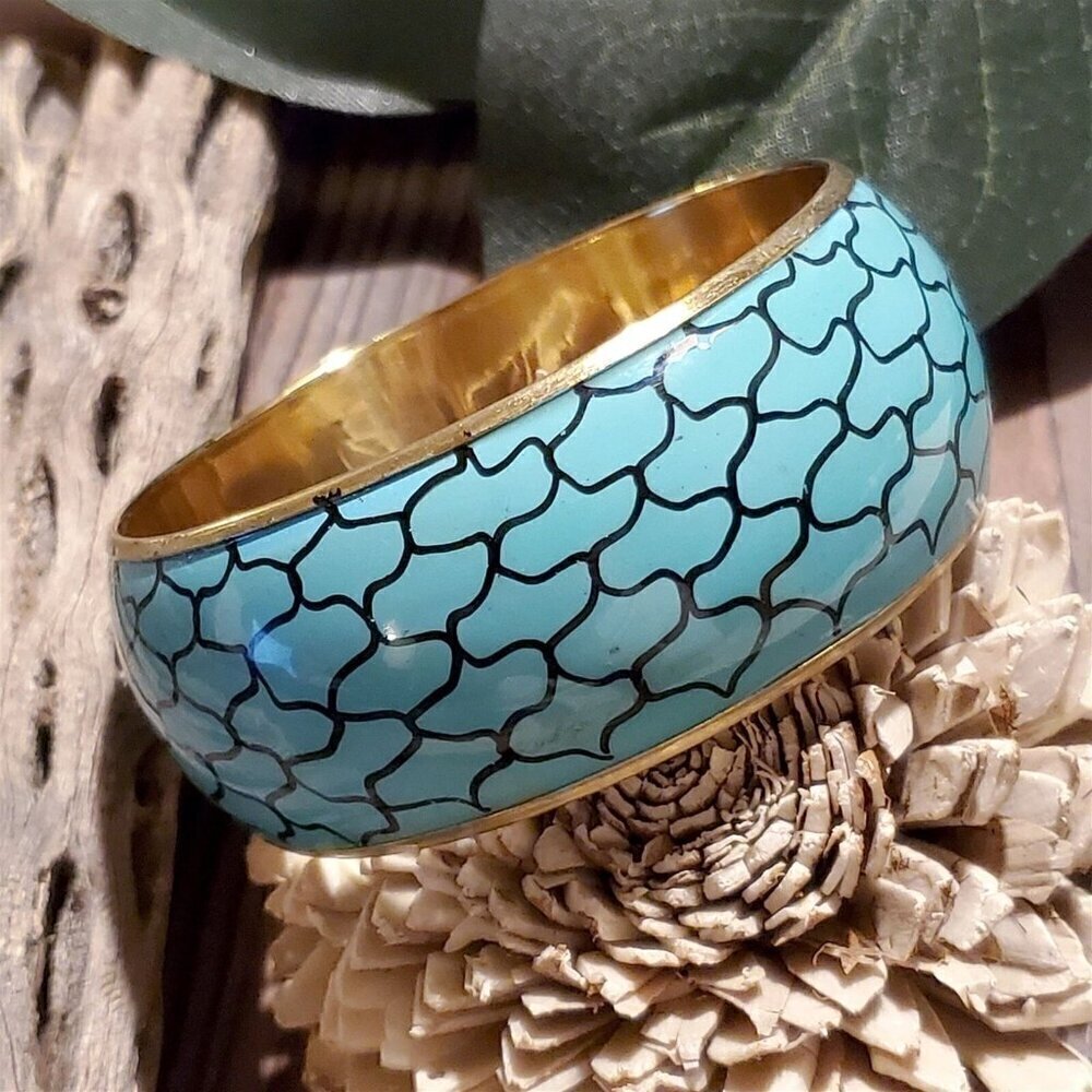 Turquoise Blue Enamel and Raw Brass Metal Geometric Pattern Bangle Bracelet